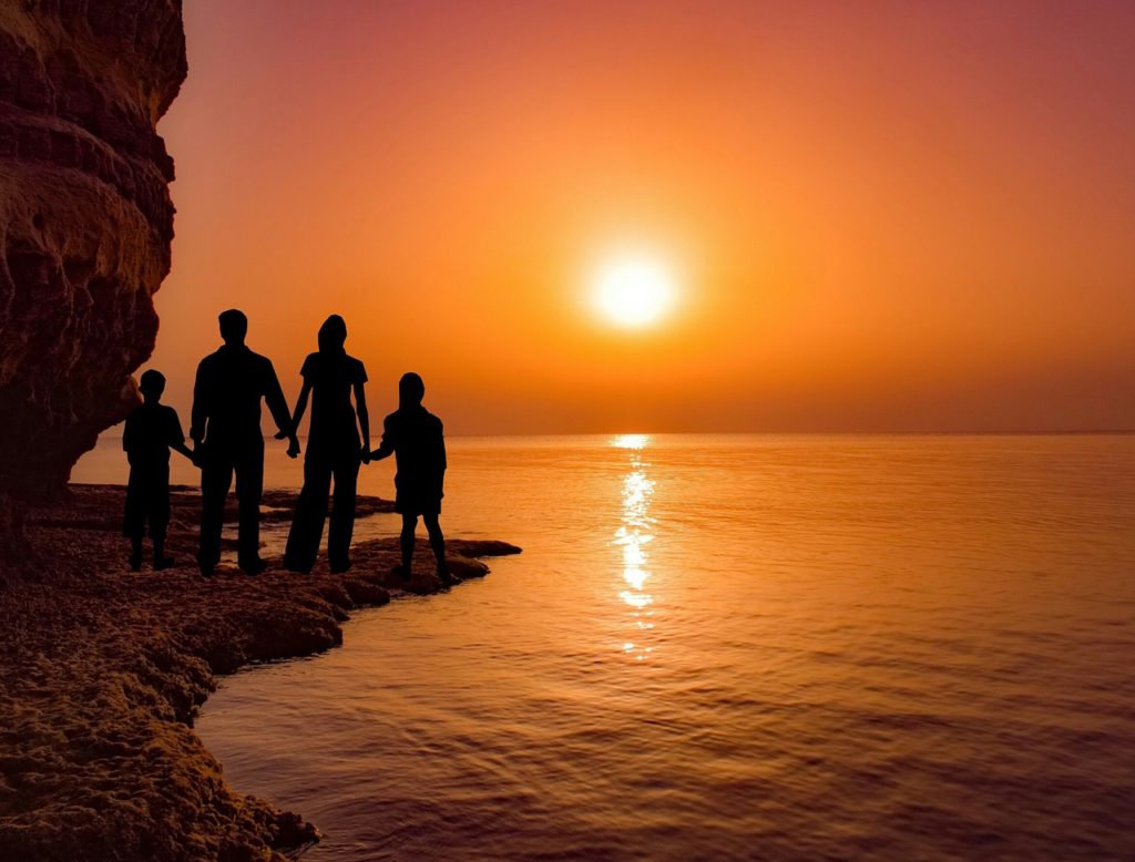 sunset, family, sea